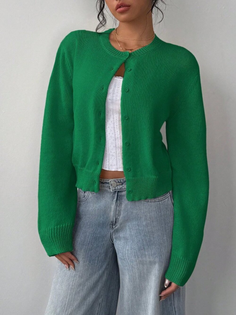 Green Casual Women's Round Neck Loose Cropped Button Front Cardigan
